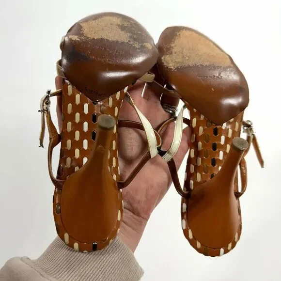 Salvatore Ferragamo Brown and Cream Strappy Heels - Picture 4 of 11